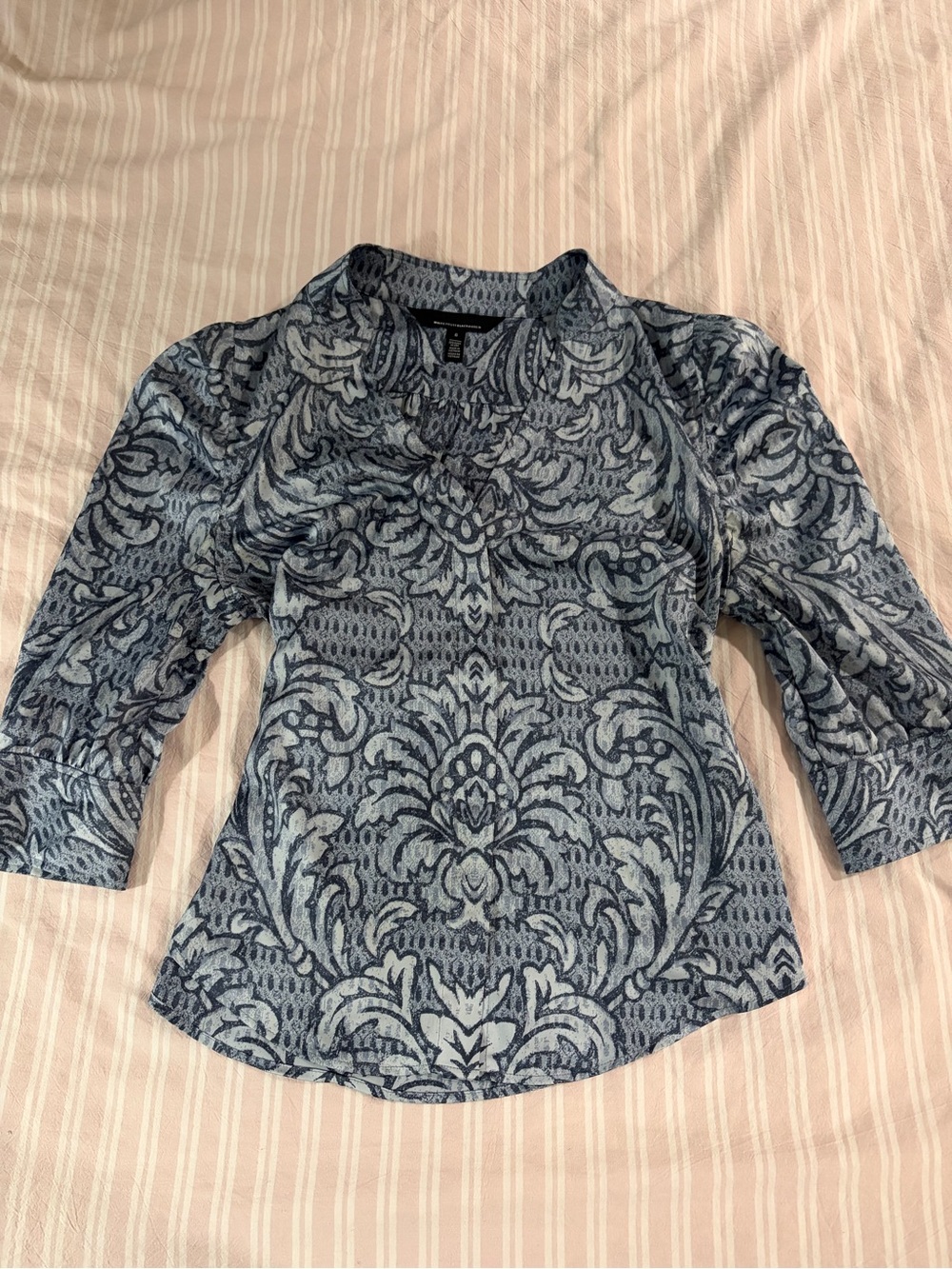 Talbots Blue Damask-Print Three-Quarter Sleeve Top White House Black Market
